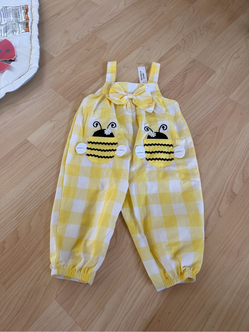 Yellow Gingham Bee Appliqué Kids Overalls